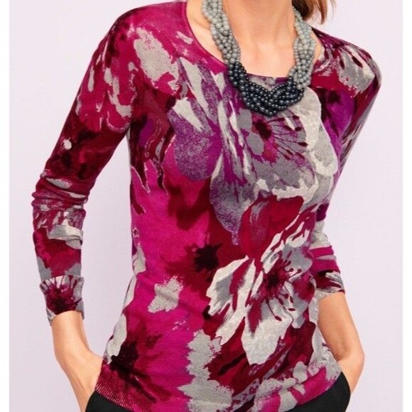 Talbots Sweaters - Talbots Perfect Merino Wool Sweater Floral Print Women's Sz XLP Petite Pink
